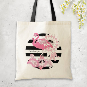 Custom Modern Black Stripe Pink Flamingo Tote Bag
