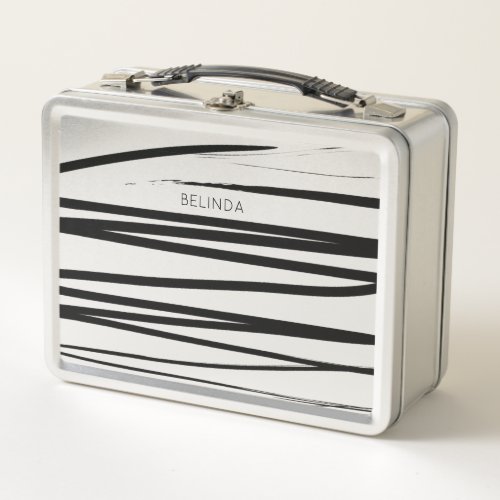 Custom Modern Black  White Lines Abstract Art   Metal Lunch Box