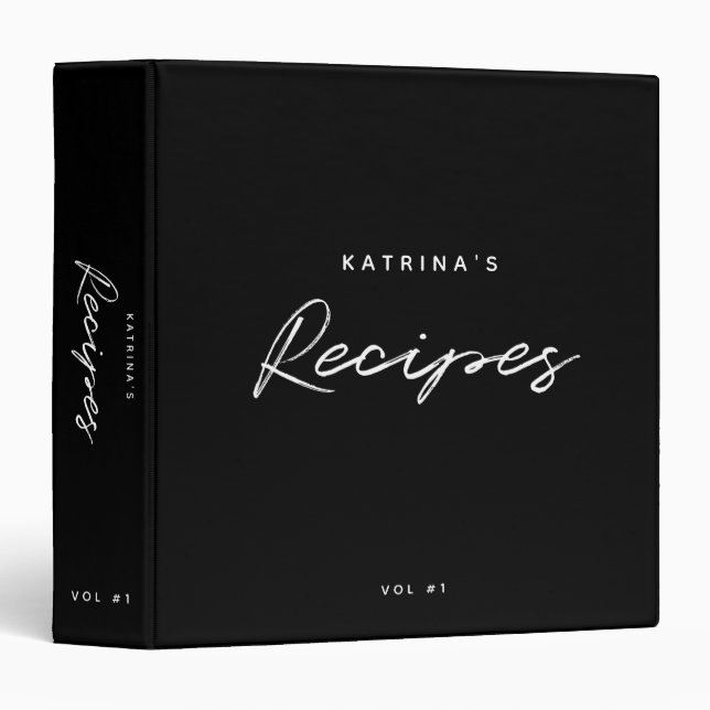 Custom Modern Black White Minimalist Script Recipe 3 Ring Binder (Front/Spine)