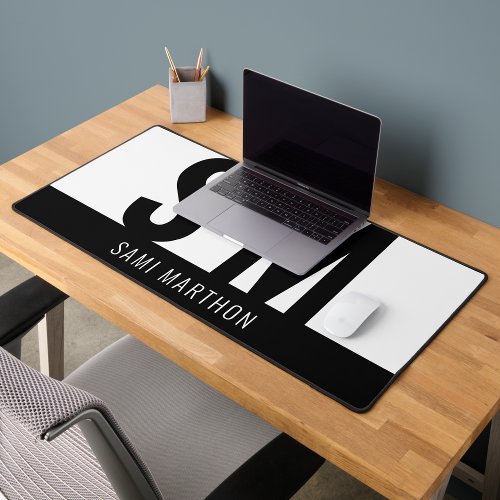 Custom Modern Black  White Simple Initials Desk Mat