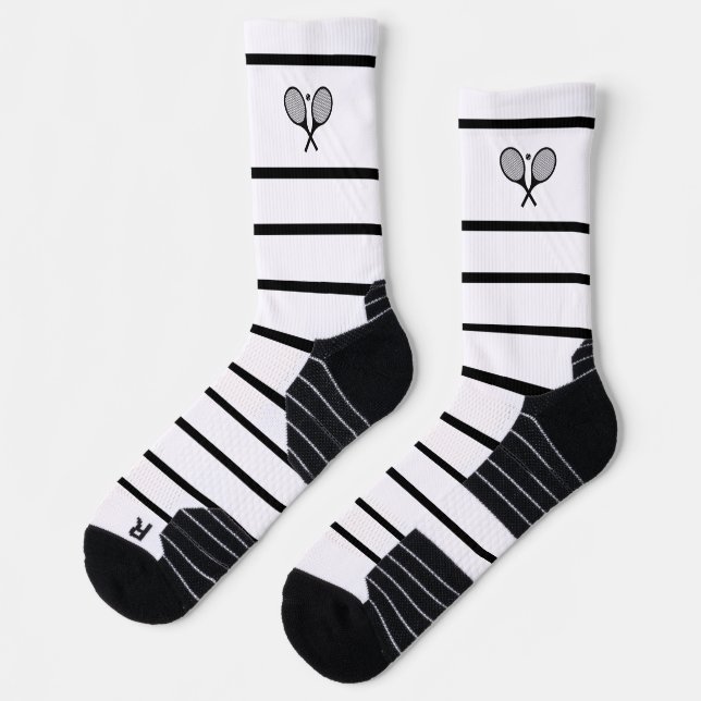 Custom Modern Black White Stripe Tennis Racket Socks (Left)