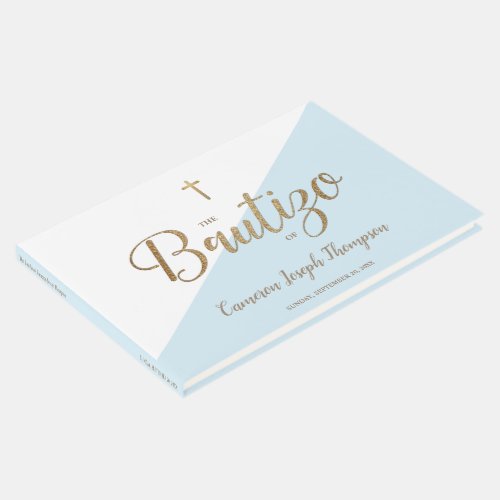 Custom Modern Blue gold Cross Baby Bautizo Guest Book