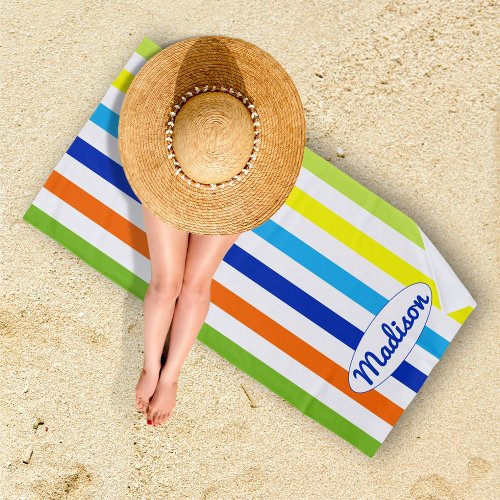 Custom Modern Blue Green Orange Yellow Stripes Beach Towel