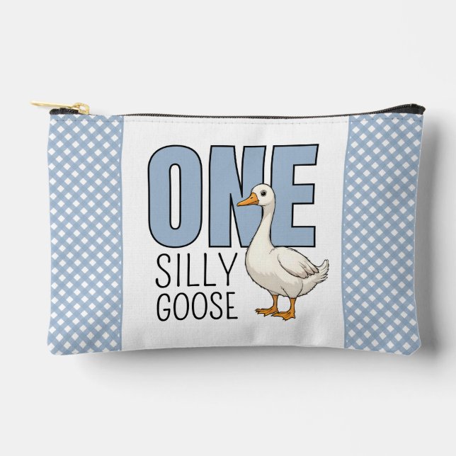 Custom Modern Blue One Silly Goose First Birthday Accessory Pouch (Front)