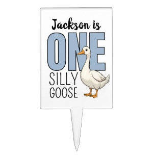 Custom Modern Blue One Silly Goose First Birthday Cake Topper