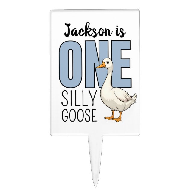 Custom Modern Blue One Silly Goose First Birthday Cake Topper (Front)