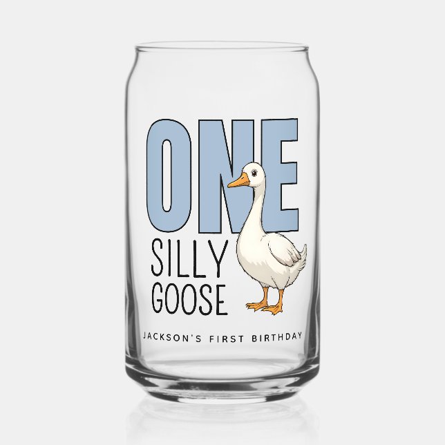 Custom Modern Blue One Silly Goose First Birthday Can Glass (Front)