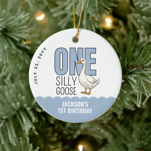 Custom Modern Blue One Silly Goose First Birthday Ceramic Ornament (Tree)
