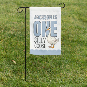 Custom Modern Blue One Silly Goose First Birthday Garden Flag