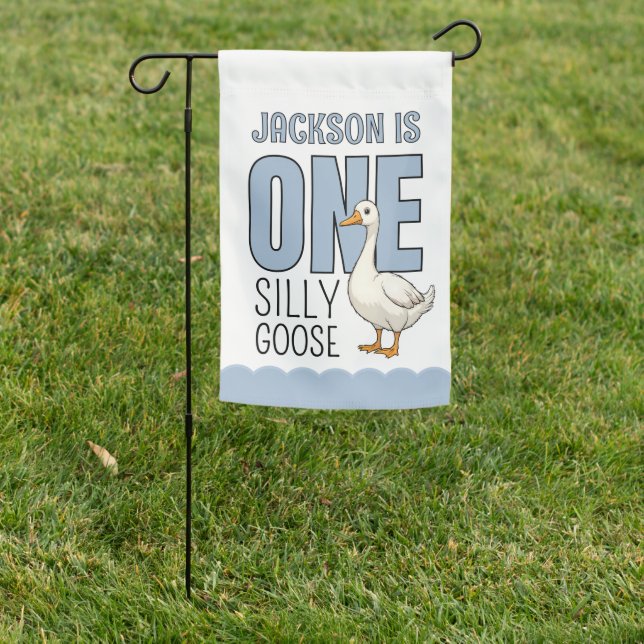 Custom Modern Blue One Silly Goose First Birthday Garden Flag (In SItu)