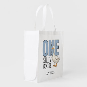 Custom Modern Blue One Silly Goose First Birthday Grocery Bag