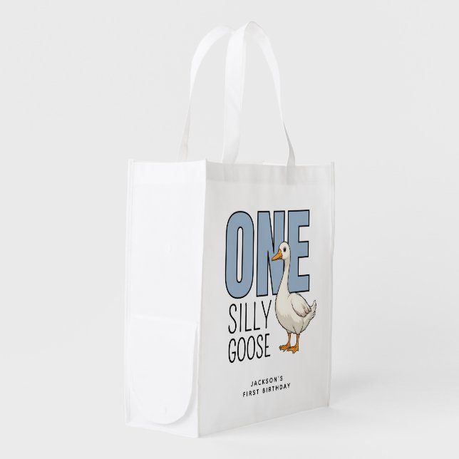 Custom Modern Blue One Silly Goose First Birthday Grocery Bag (Front Side)