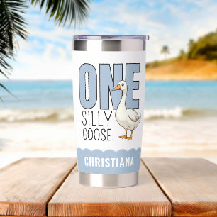 Custom Modern Blue One Silly Goose First Birthday Insulated Tumbler