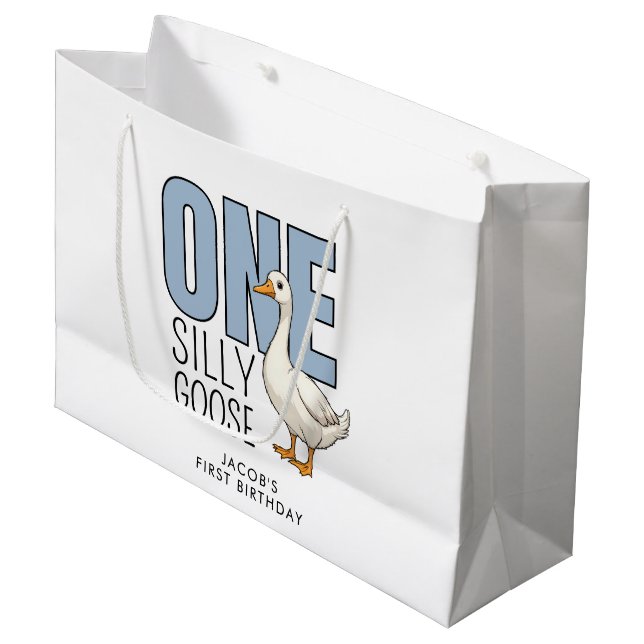 Custom Modern Blue One Silly Goose First Birthday Large Gift Bag (Front Angled)
