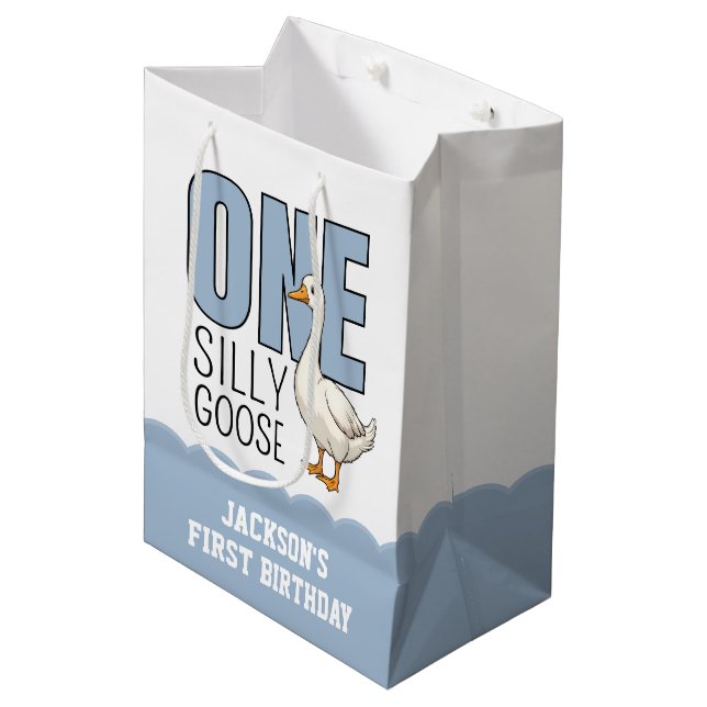 Custom Modern Blue One Silly Goose First Birthday Medium Gift Bag (Front Angled)