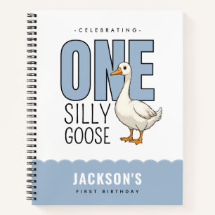 Custom Modern Blue One Silly Goose First Birthday Notebook