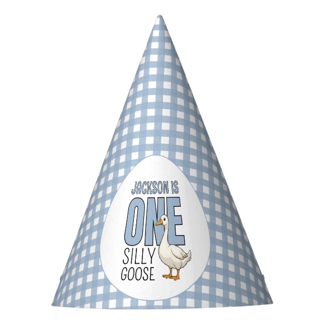 Custom Modern Blue One Silly Goose First Birthday Party Hat (Front)