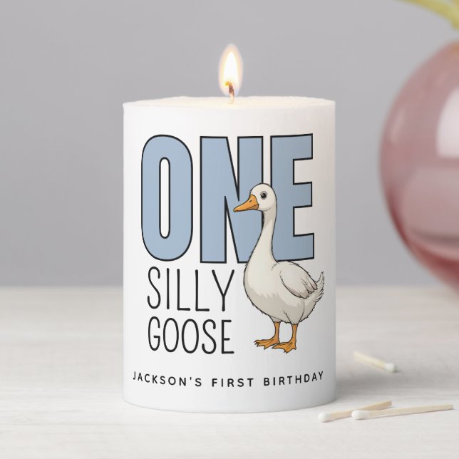 Custom Modern Blue One Silly Goose First Birthday Pillar Candle (In Situ)