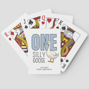 Custom Modern Blue One Silly Goose First Birthday Poker Cards