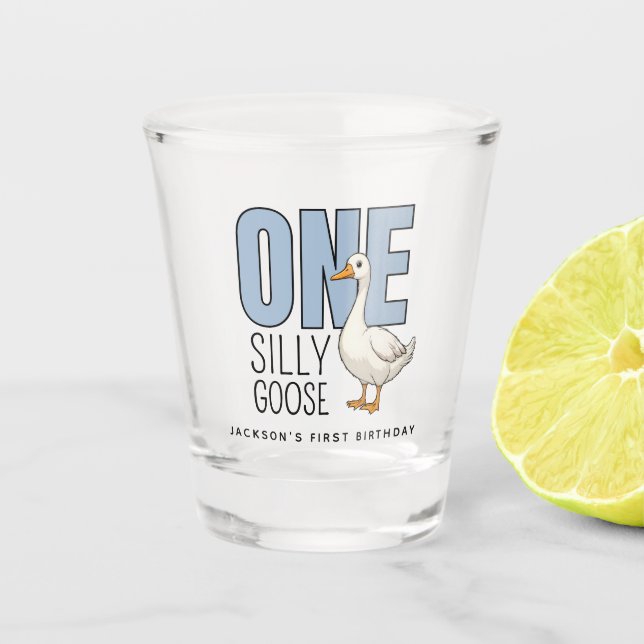 Custom Modern Blue One Silly Goose First Birthday Shot Glass (Front)