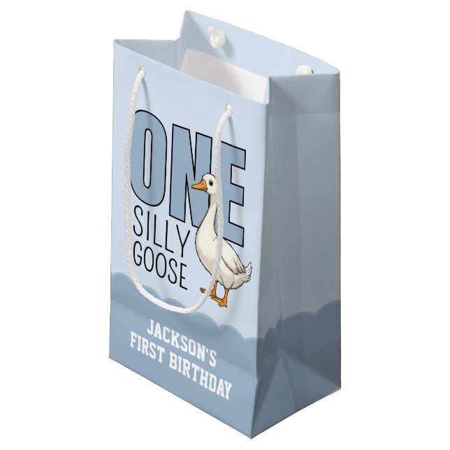 Custom Modern Blue One Silly Goose First Birthday Small Gift Bag (Front Angled)