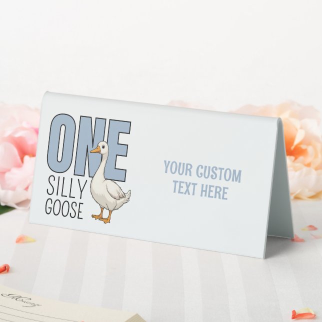Custom Modern Blue One Silly Goose First Birthday Table Tent (In SItu (Wedding))