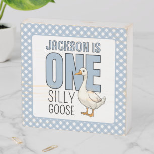Custom Modern Blue One Silly Goose First Birthday Wooden Box Sign
