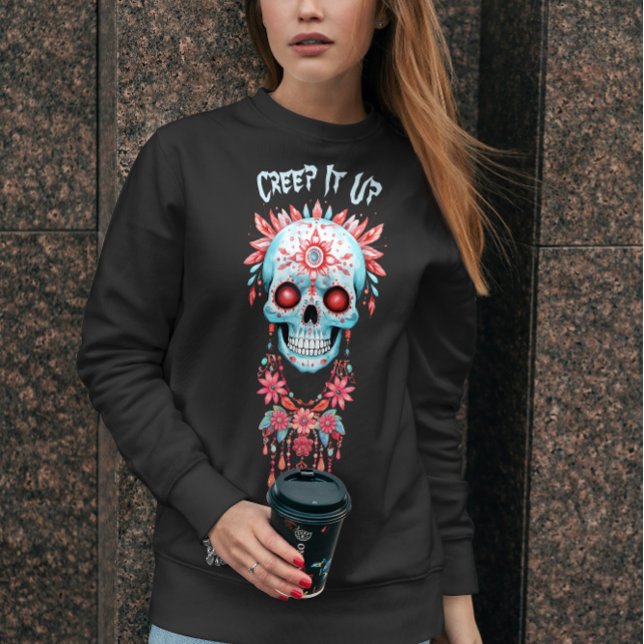 Custom Modern Blue Pink Halloween Sugar Skull Sweatshirt (Creator Uploaded)