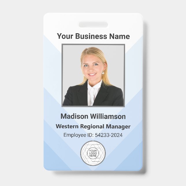 Custom Modern Blue White Business Employee Photo Badge (Front)