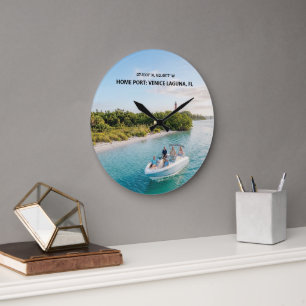 Custom Modern Boat Picture & Coordinates Large Clock