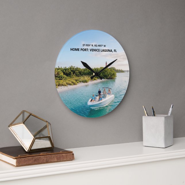 Custom Modern Boat Picture & Coordinates Large Clock (Office)