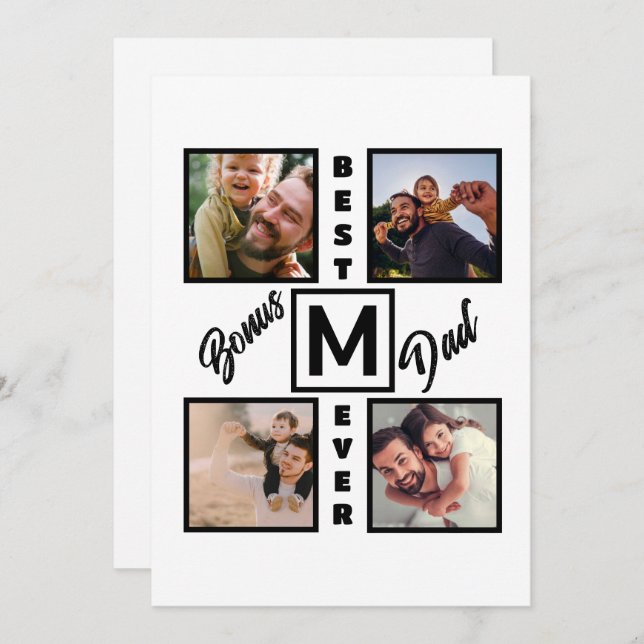 Custom Modern Bonus Dad Stepdad 4 Photo Collage Holiday Card (Front/Back)