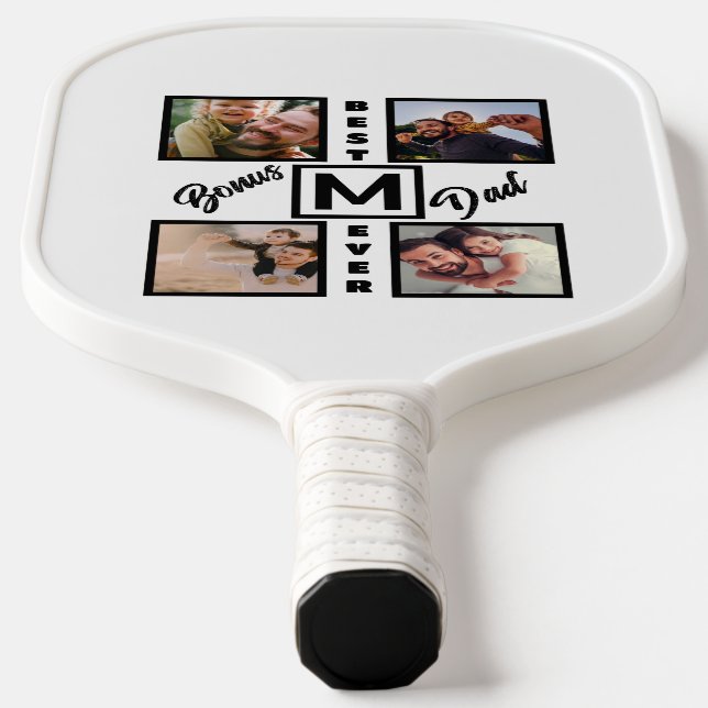 Custom Modern Bonus Dad Stepdad 4 Photo Collage Pickleball Paddle (Laydown)