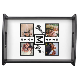 Custom Modern Bonus Dad Stepdad 4 Photo Collage Serving Tray