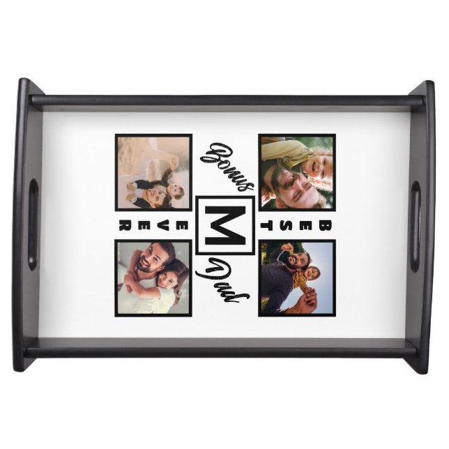 Custom Modern Bonus Dad Stepdad 4 Photo Collage Serving Tray (Front)