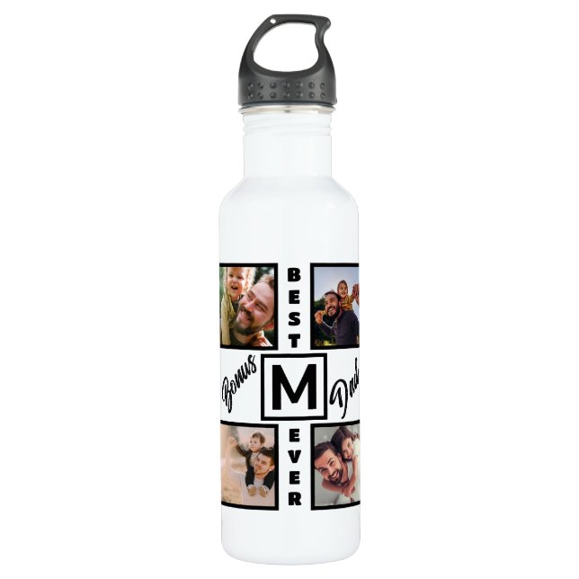 Custom Modern Bonus Dad Stepdad 4 Photo Collage Stainless Steel Water Bottle (Front)