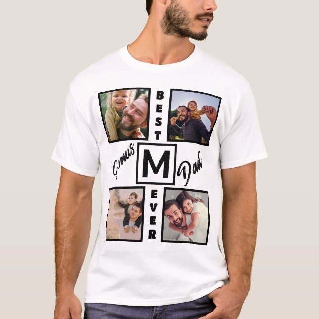 Custom Modern Bonus Dad Stepdad 4 Photo Collage T-Shirt (Front)