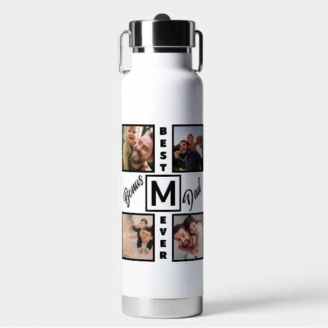 Custom Modern Bonus Dad Stepdad 4 Photo Collage Water Bottle (Front)