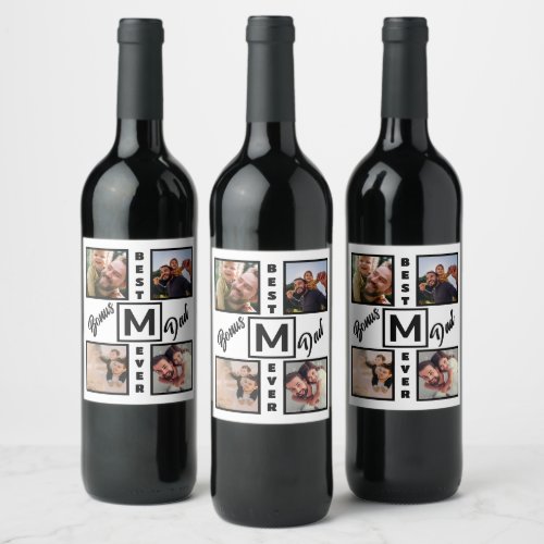 Custom Modern Bonus Dad Stepdad 4 Photo Collage Wine Label