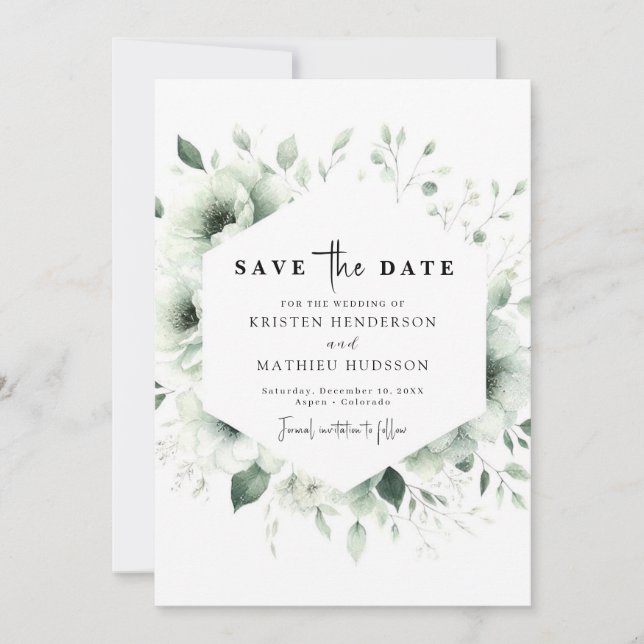 Custom Modern Botanical Sage Green Wedding Save The Date (Front)