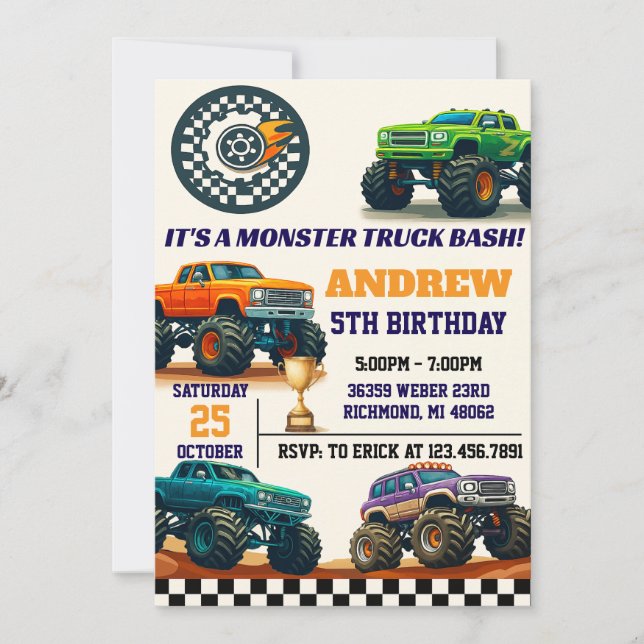 Custom Modern Boy Monster Truck Party Birthday Invitation (Front)