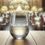 Custom Modern Bridesmaid Name Black Wedding Date Stemless Wine Glass<br><div class="desc">This tumbler embraces minimalism with its stemless design. No fuss, no frills—just pure elegance. Crafted from crystal-clear glass, it feels weighty in hand, promising both luxury and practicality. It can easily be customized with the bridesmaid’s name and your wedding date. Imagine each tumbler adorned with your bridesmaid’s name. Whether it’s...</div>