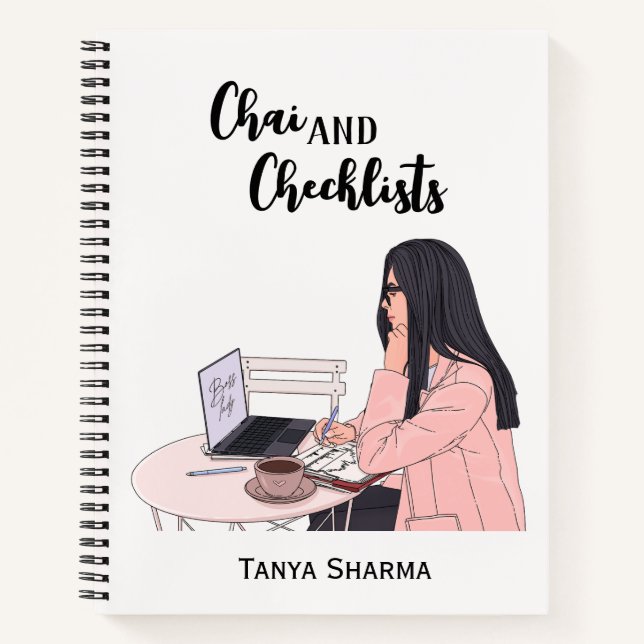 Custom Modern Brown Girl Chai & Checklists Notebook (Front)