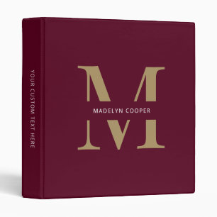 Custom Modern Burgundy Gold Monogram Office School 3 Ring Binder