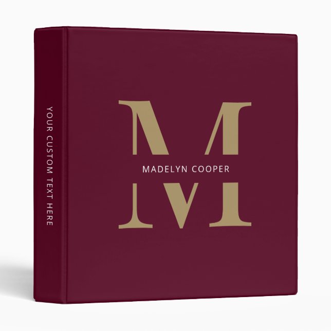Custom Modern Burgundy Gold Monogram Office School 3 Ring Binder (Front/Spine)