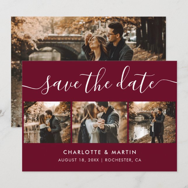 Custom Modern Burgundy Wedding 4 Photo Save The Date (Front/Back)