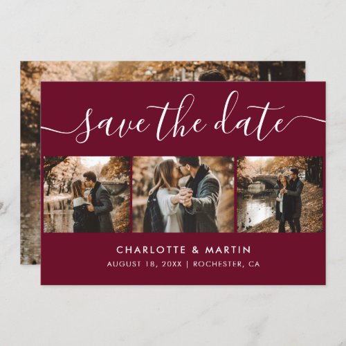 Custom Modern Burgundy Wedding 4 Photo Save The Date