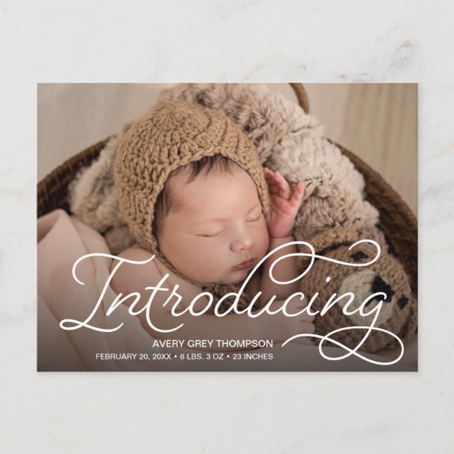Custom Modern Calligraphy Introducing Baby Photos Postcard (Front)
