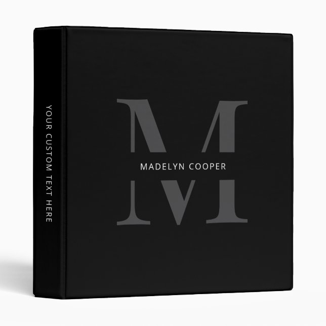 Custom Modern Chic Black Monogram Professional 3 Ring Binder (Front/Spine)
