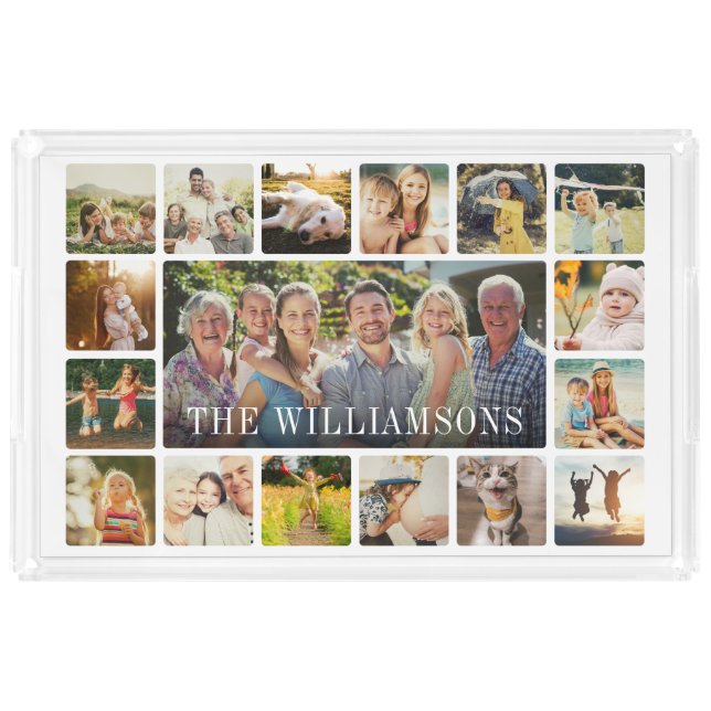 Custom Modern Chic Family Name Photo Collage Gift Acrylic Tray (Front)